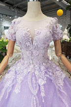 Vestido de gala lila de manga corta, vestido de fiesta, vestido de novia con encaje PM244