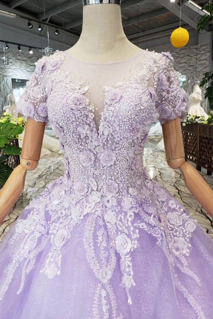 Vestido de gala lila de manga corta, vestido de fiesta, vestido de novia con encaje PM244
