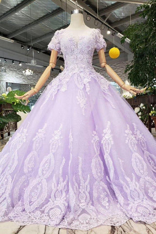Vestido de gala lila de manga corta, vestido de fiesta, vestido de novia con encaje PM244