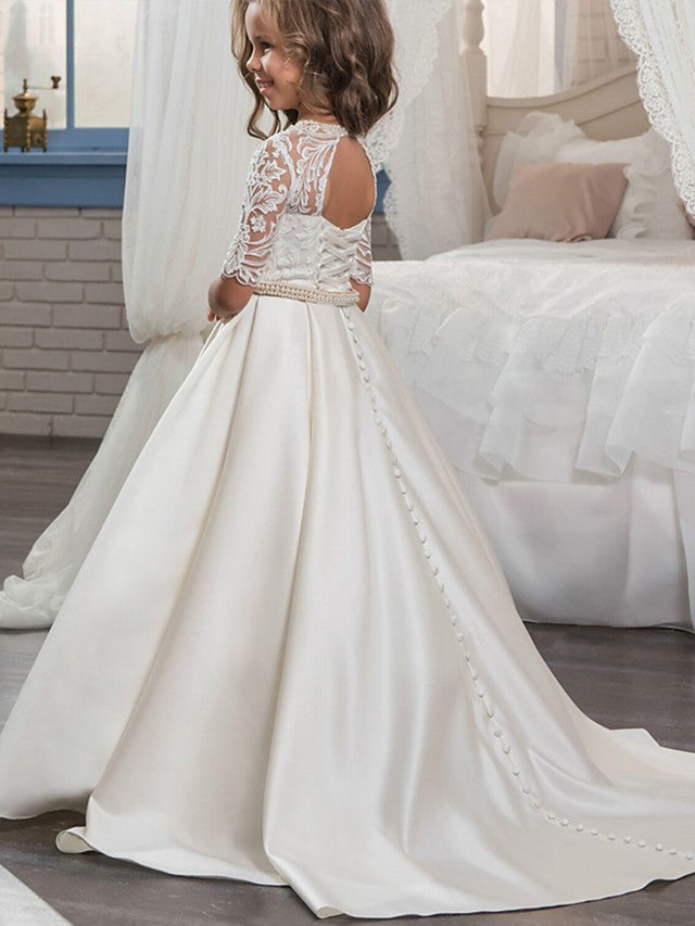 Vestido de gala de satén mate con cuello joya, cola de cepillo y mangas, ideal para bodas, cumpleaños, concursos de belleza y damitas de honor.