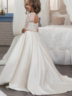 Vestido de gala de satén mate con cuello joya, cola de cepillo y mangas, ideal para bodas, cumpleaños, concursos de belleza y damitas de honor.