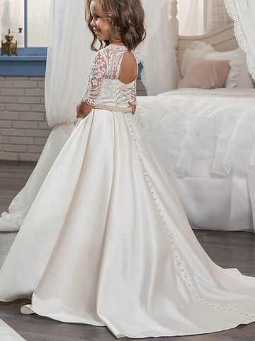 Vestido de gala de satén mate con cuello joya, cola de cepillo y mangas, ideal para bodas, cumpleaños, concursos de belleza y damitas de honor.