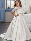 Vestido de gala de satén mate con cuello joya, cola de cepillo y mangas, ideal para bodas, cumpleaños, concursos de belleza y damitas de honor.