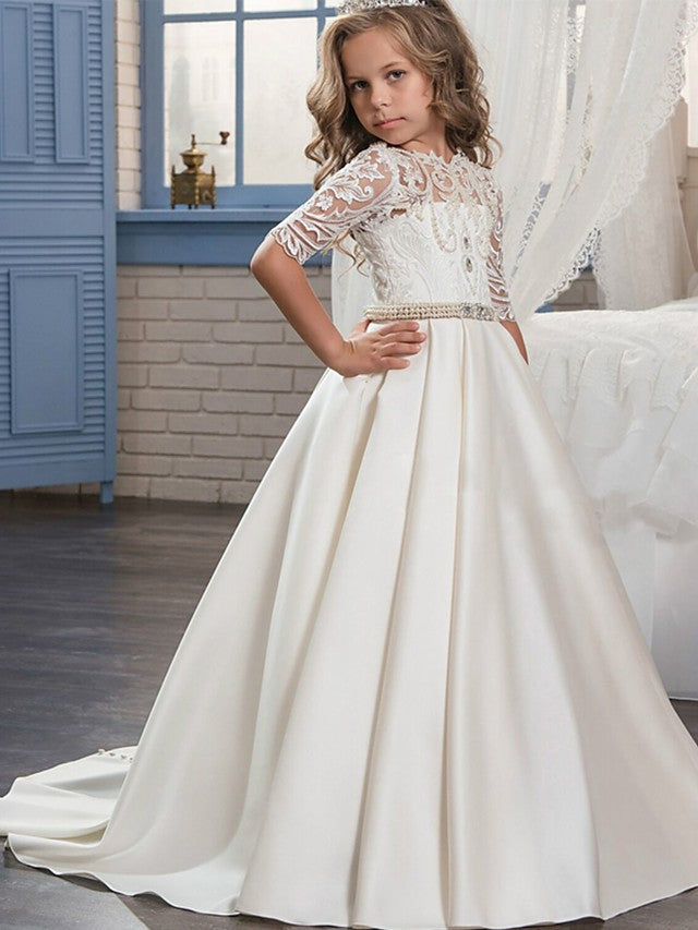 Vestido de gala de satén mate con cuello joya, cola de cepillo y mangas, ideal para bodas, cumpleaños, concursos de belleza y damitas de honor.