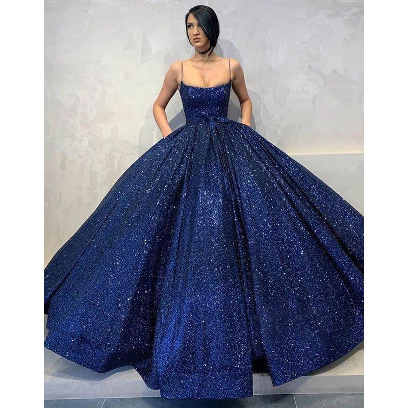 Vestido de fiesta largo con lentejuelas azul marino, tirantes finos y bolsillos 