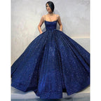 Vestido de fiesta largo con lentejuelas azul marino, tirantes finos y bolsillos 