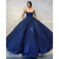 Vestido de fiesta largo con lentejuelas azul marino, tirantes finos y bolsillos 