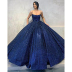 Vestido de fiesta largo con lentejuelas azul marino, tirantes finos y bolsillos 