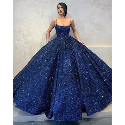 Robe de bal longue bleu marine à paillettes et bretelles spaghetti avec poches 