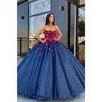 Robe de bal longue en tulle bleu marine avec appliques 3D 