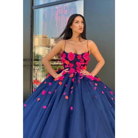 Vestido de fiesta largo de tul azul marino con apliques 3D y vestidos de noche formales 