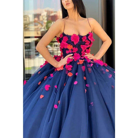 Vestido de fiesta largo de tul azul marino con apliques 3D y vestidos de noche formales 