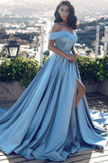 Vestidos de baile azules de gala, largos hasta el suelo, con hombros descubiertos