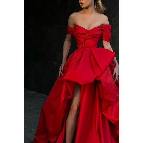 Vestido de fiesta rojo largo con hombros descubiertos y mangas cortas para graduación