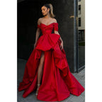 Robe de bal longue rouge à épaules dénudées et manches courtes