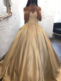 Vestidos de baile de satén sin mangas con apliques y hombros descubiertos