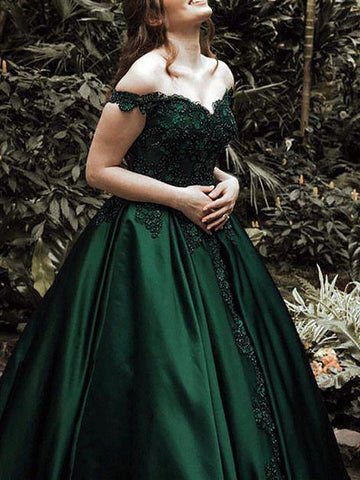 Gown Off-the-Shoulder Sleeveless Sweep Train Satin Prom Dress With Appliqued Beading