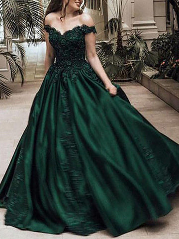 Gown Off-the-Shoulder Sleeveless Sweep Train Satin Prom Dress With Appliqued Beading