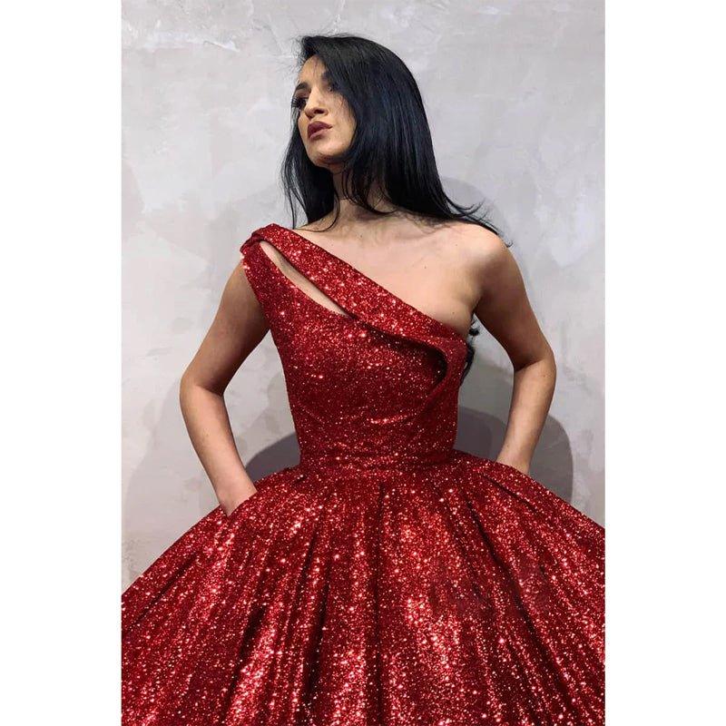 Vestido de fiesta largo de noche con lentejuelas burdeos y un solo hombro 