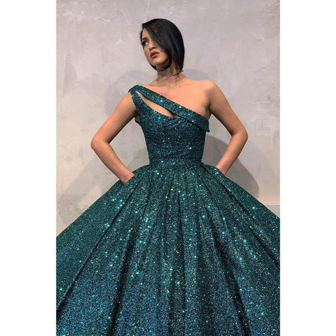 Vestido de fiesta largo de noche con lentejuelas burdeos y un solo hombro 