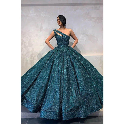 Vestido de fiesta largo de noche con lentejuelas burdeos y un solo hombro 