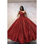 Vestido de fiesta largo de noche con lentejuelas burdeos y un solo hombro 