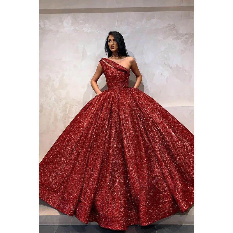 Vestido de fiesta largo de noche con lentejuelas burdeos y un solo hombro 
