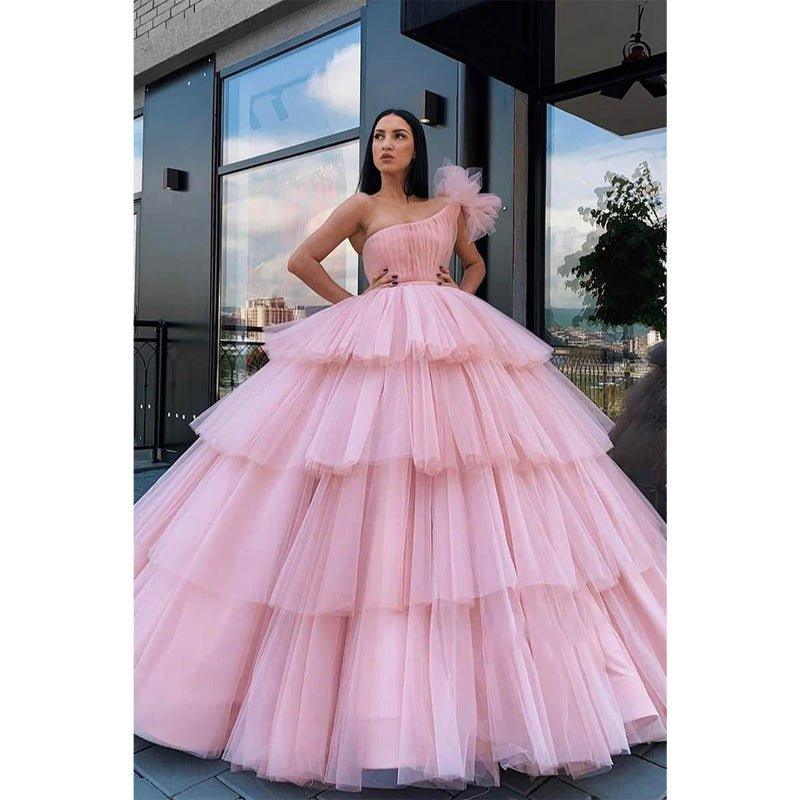 Vestido de fiesta largo de tul rosa con un solo hombro, vestido de noche formal 
