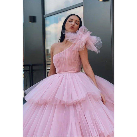 Robe de bal longue en tulle rose à une épaule, robe de soirée formelle 