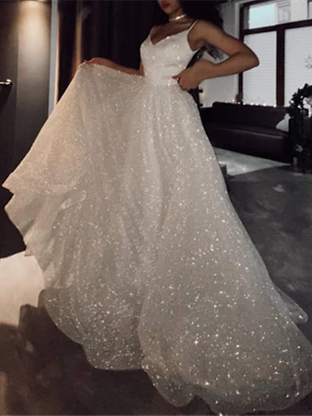 Robe de bal scintillante pour mariage ou soirée, traîne courte, sans manches, bretelles spaghetti, tulle à sequins