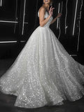 Robe de bal scintillante pour mariage ou soirée, traîne courte, sans manches, bretelles spaghetti, tulle à sequins