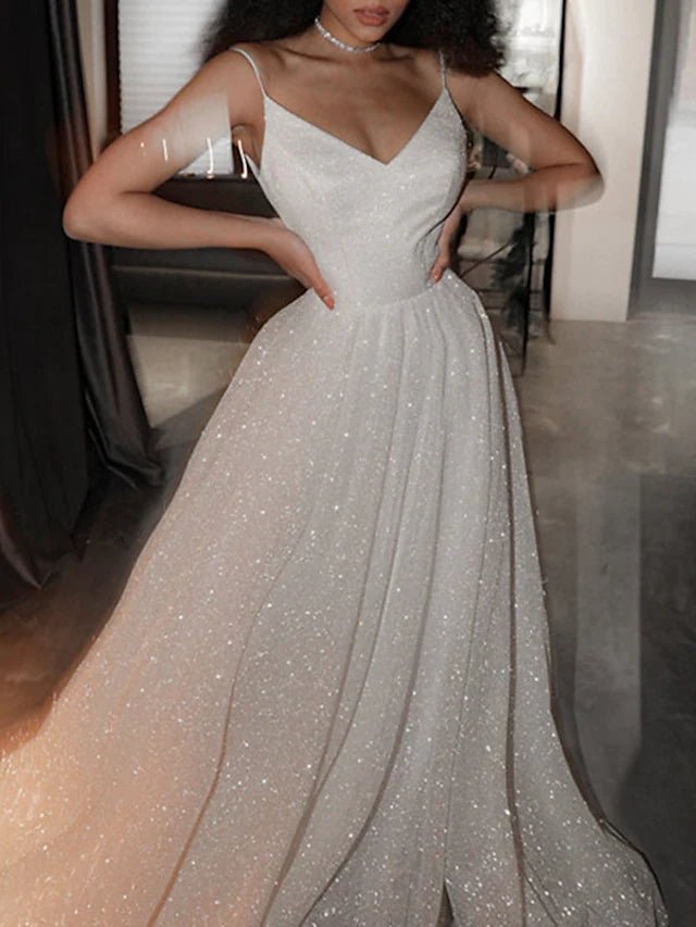 Ball Gown Prom Dresses Glittering Dress Wedding Party Court Train Sleeveless Spaghetti Strap Tulle with Sequin
