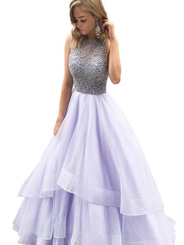 Vestidos de baile de organza con escote redondo, sin mangas y hasta el suelo, con cuentas y corte de gala.