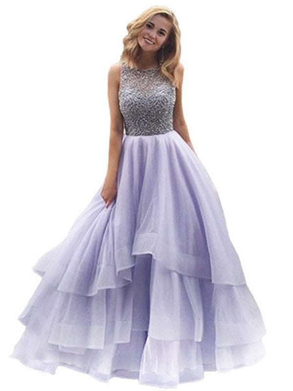 Vestidos de baile de organza con escote redondo, sin mangas y hasta el suelo, con cuentas y corte de gala.