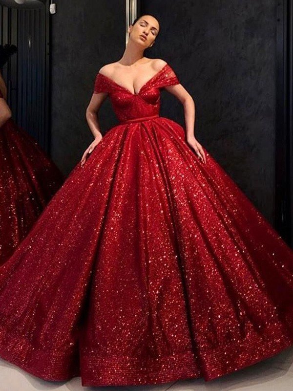 Vestidos de baile de gala con lentejuelas, volantes, hombros descubiertos, sin mangas y hasta el suelo