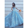 Vestido de fiesta largo con apliques de tul azul cielo y bolsillos 