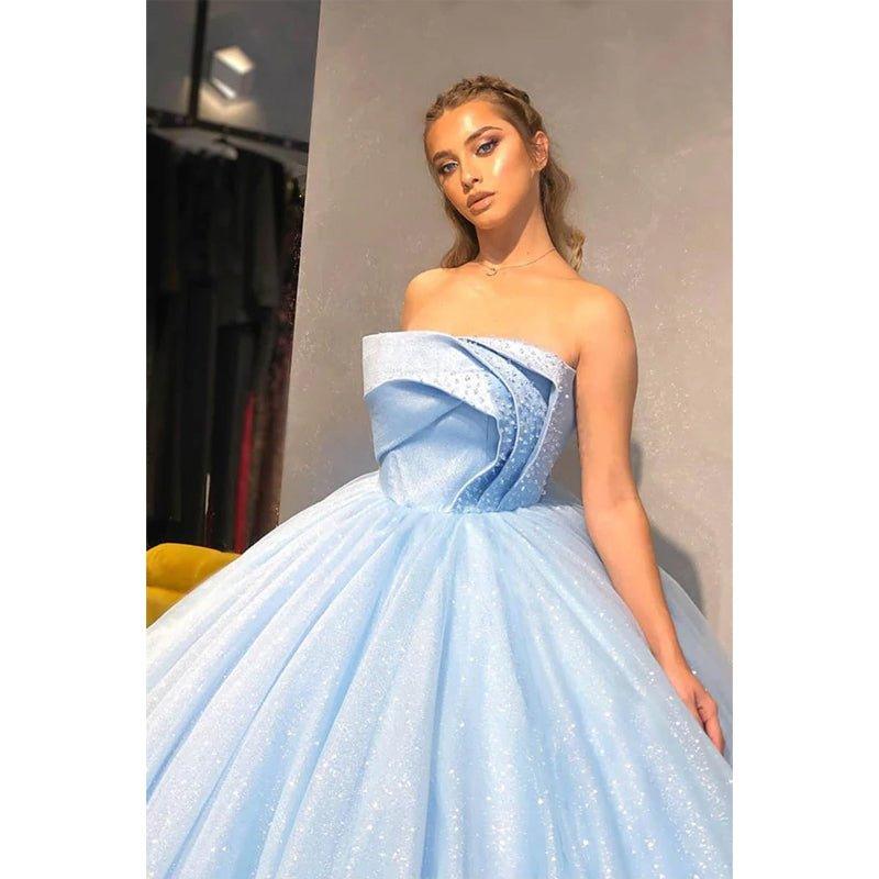 Vestido de fiesta azul cielo de tul con cuentas, sin tirantes, largo y brillante, vestido de noche formal. 
