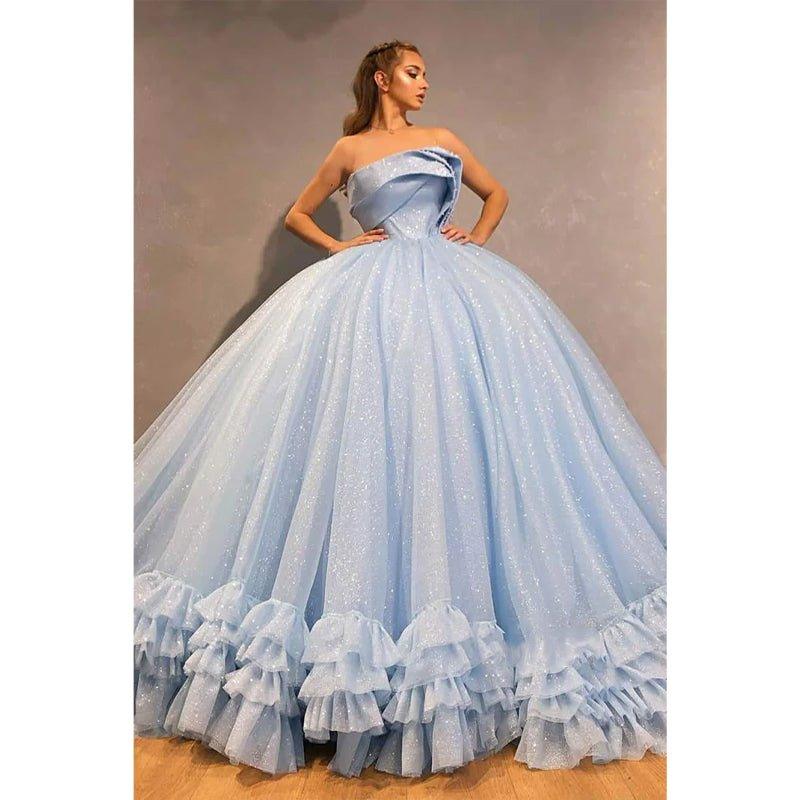 Vestido de fiesta azul cielo de tul con cuentas, sin tirantes, largo y brillante, vestido de noche formal. 