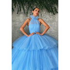 Vestido de fiesta largo de tul azul cielo con cuello alto y vestidos de noche formales 