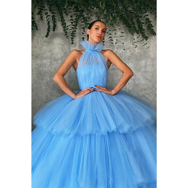 Vestido de fiesta largo de tul azul cielo con cuello alto y vestidos de noche formales 