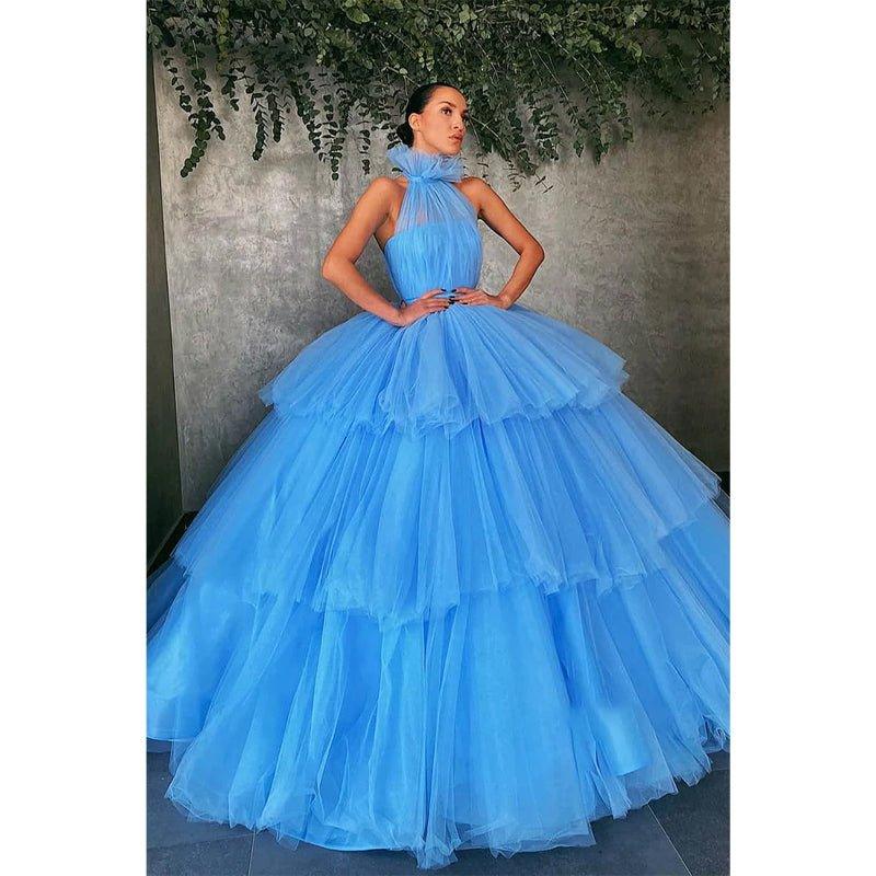 Vestido de fiesta largo de tul azul cielo con cuello alto y vestidos de noche formales 