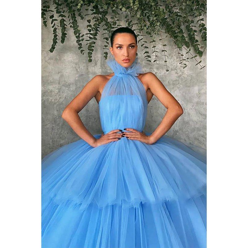 Vestido de fiesta largo de tul azul cielo con cuello alto y vestidos de noche formales 