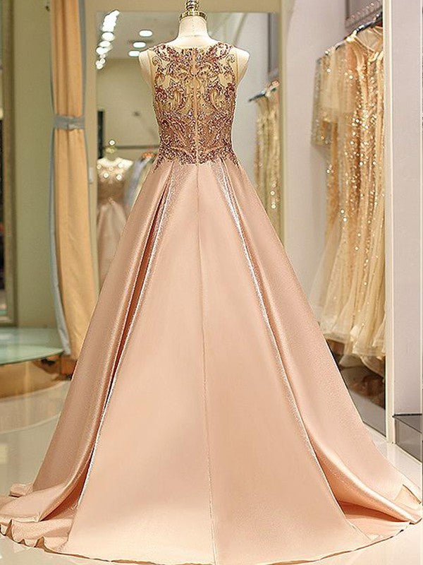 Vestidos de baile sin mangas estilo barco con cuentas de satén