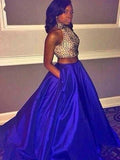 Robe de bal deux pièces en taffetas ornée de perles, sans manches et dos nu