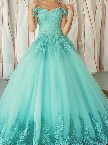 Ball Gown Sleeveless Off-the-Shoulder Applique Floor-Length Tulle Prom Dresses