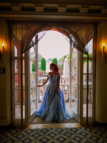 Vestido de gala sin mangas con hombros descubiertos y apliques de tul