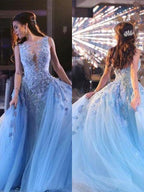 Vestidos de baile de gala sin mangas con escote redondo y apliques de tul