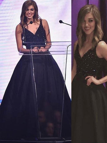 Ball Gown Sleeveless V-neck Beading Satin Prom Dresses