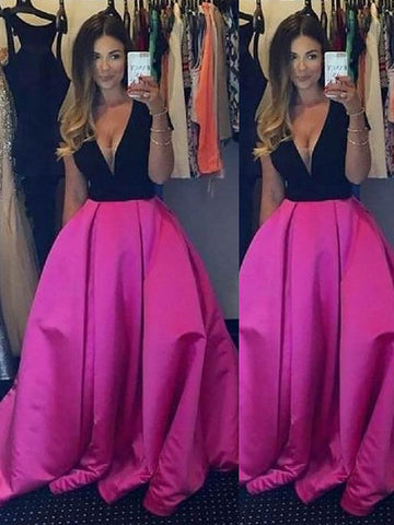 Vestido de gala largo hasta el suelo, sin mangas, con escote en V, volantes y satén.