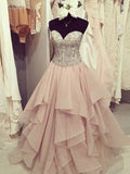 Robe de bal bustier sans manches en mousseline de soie ornée de perles, longueur au sol